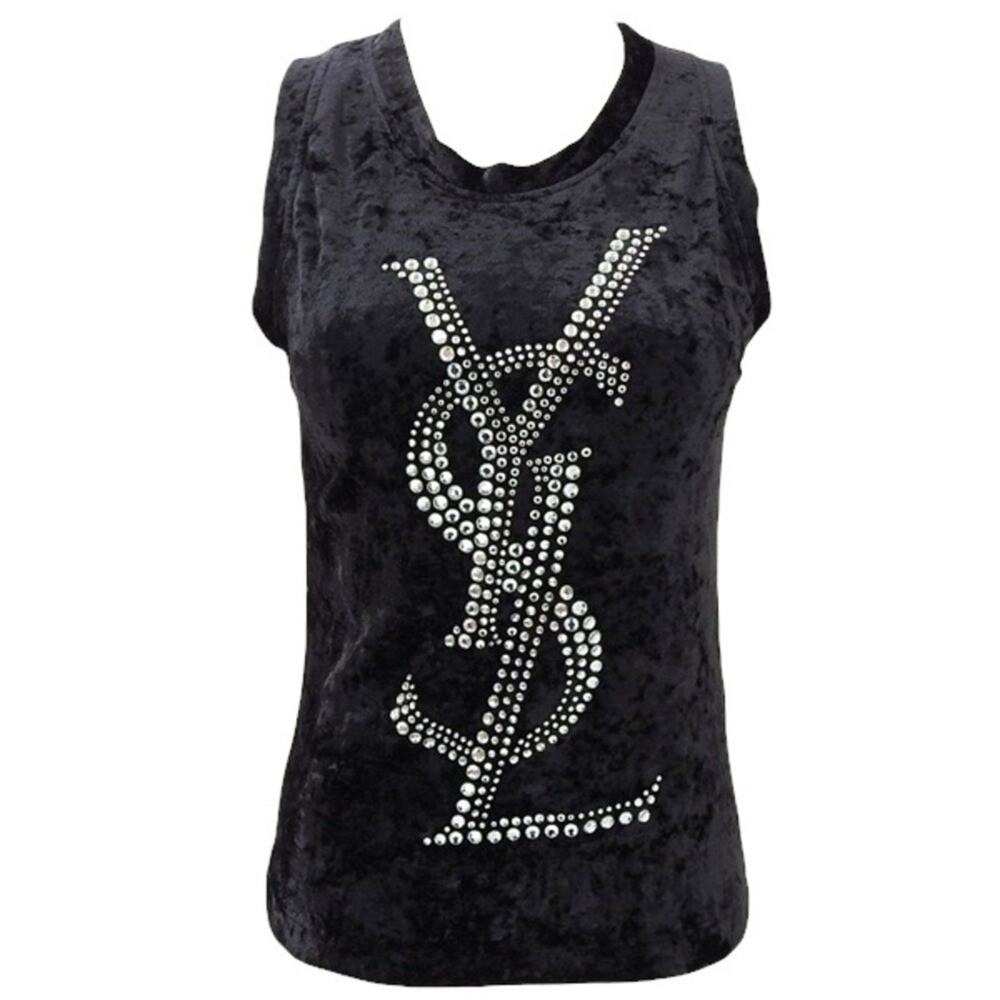 AUTH VTG Yves Saint Laurent YSL Black Velvet Rhinestone Logo Tank Top Blouse